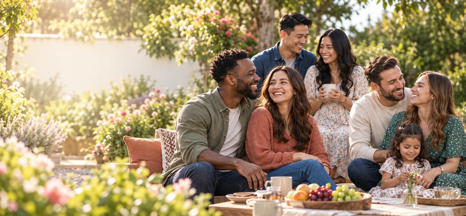 Friends and family of different backgrounds sitting together in a sunlit garden.