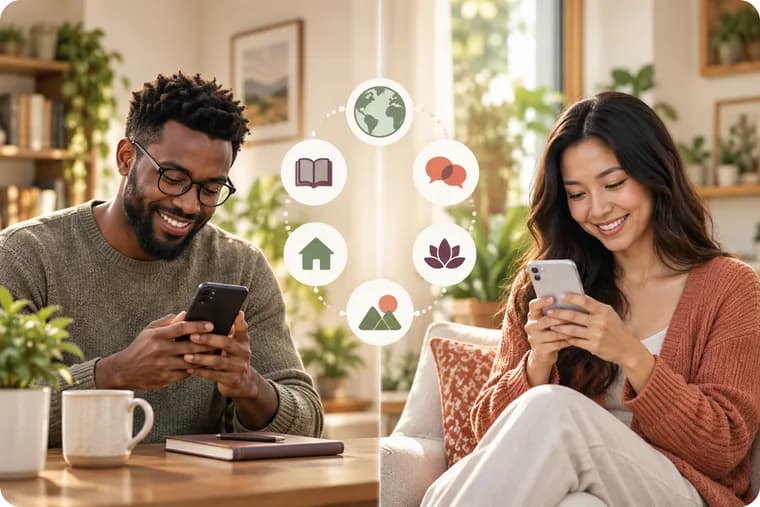 Two people looking at their phones, with icons for language, faith, home and interests between them.