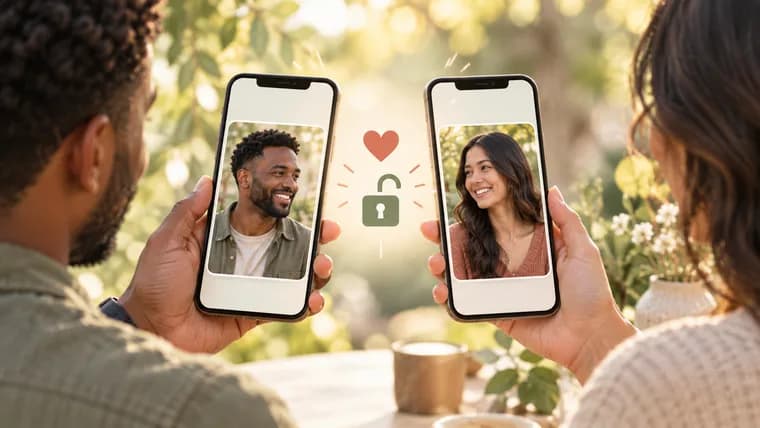 Two profile photographs side by side behind a lock that has just opened.