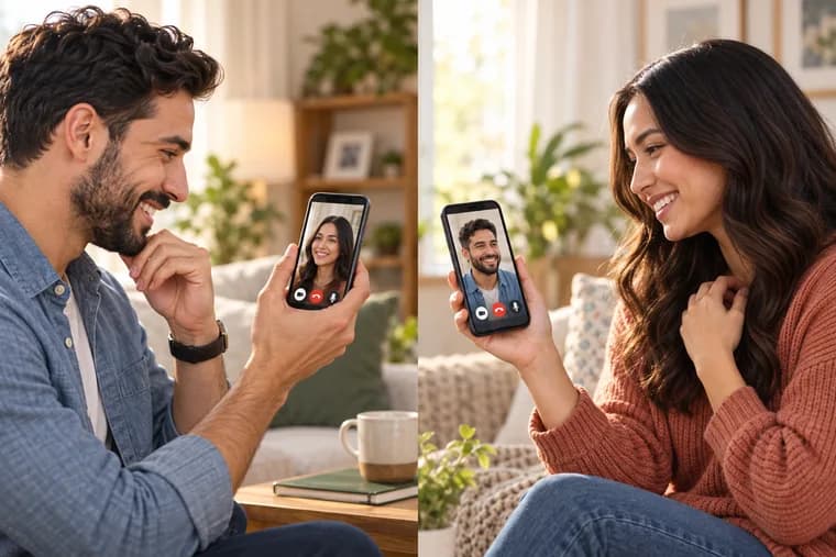 Two people waving to each other on a video call.