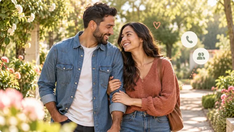 A couple walking together and talking in a park.